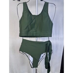 NWT two 2 piece olive green swim suit high‎ rise racerback padding Size L
